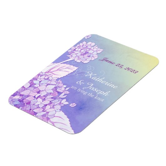 紫紫紫紫紫紫陽花フローラ結婚式の日付を保存 マグネット (左側)