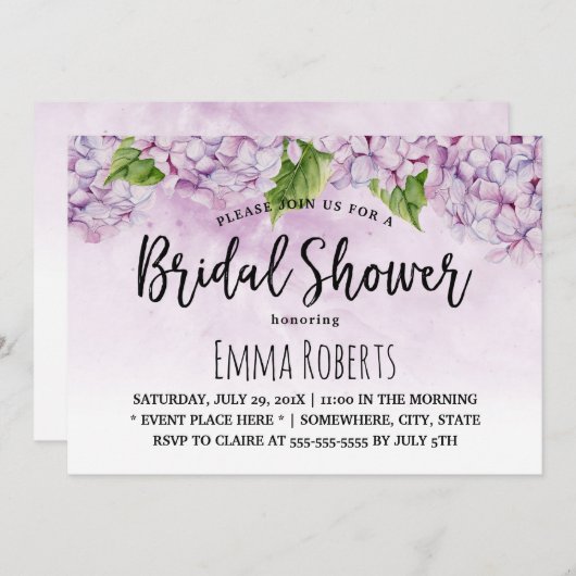 紫紫紫紫紫陽花ウォーターカラーフローラブライダルシャワー 招待状 (正面/裏面)