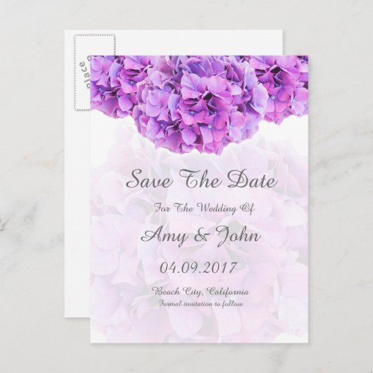 紫紫紫紫紫陽花結婚式の日付を保存 案内ポストカード (正面/裏面)