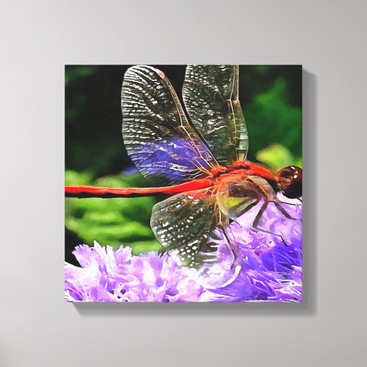 紫紫色の花の赤いトンボ キャンバスプリント (正面)