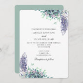 紫結婚とティール(緑がかった色)の招待庭の花 招待状 (正面/裏面)