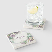 紫結婚のフローラ緑の葉水色 ストーンコースター (横)