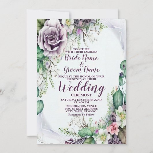紫結婚のフローラ緑の葉水色 招待状 (正面)
