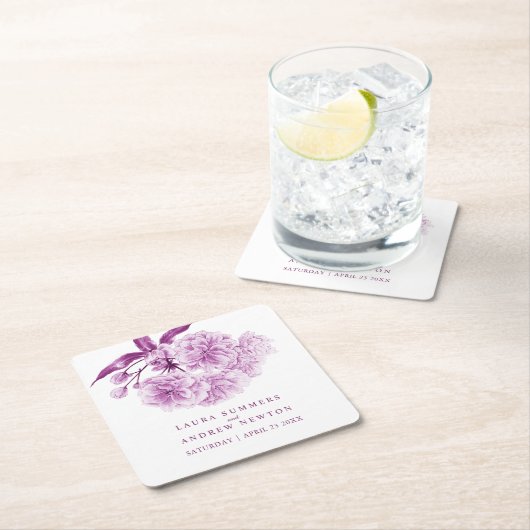 紫結婚の花のカスタム紙 スクエアペーパーコースター (インサイチュ)