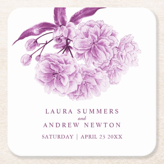 紫結婚の花のカスタム紙 スクエアペーパーコースター (正面)