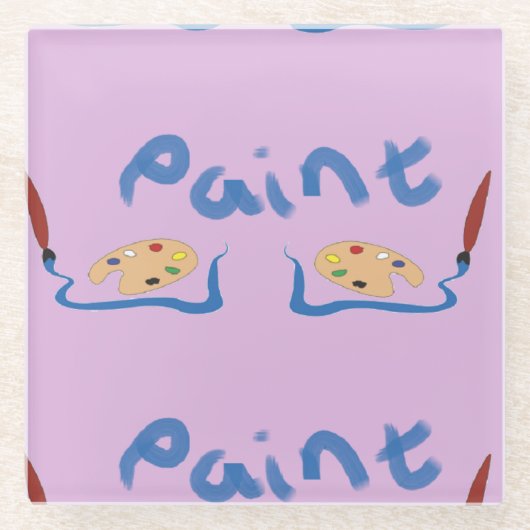 紫絵を描のブラシとパレット ガラスコースター (正面)