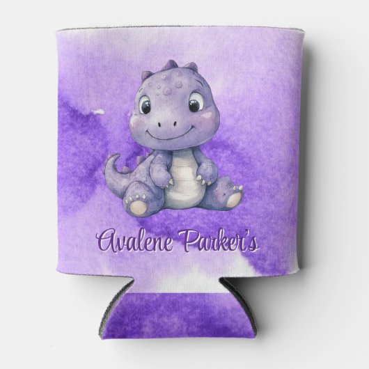 紫絵を描可愛い恐竜の女の子赤ちゃんシャワー 缶クーラー (正面)