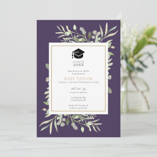 紫緑エレガント色写真卒業パーティー 招待状 (スタンド正面)
