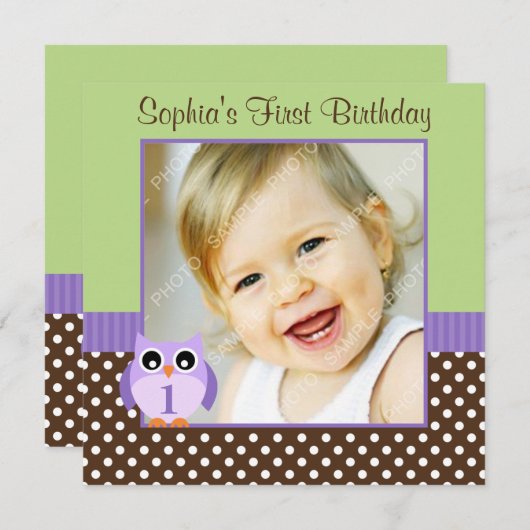 紫緑フクロウ·水玉模様1歳誕生日ガール·フォト 招待状 (正面/裏面)