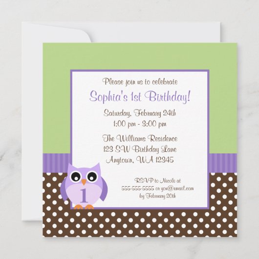 紫緑フクロウ·水玉模様1歳誕生日ガール·フォト 招待状 (裏面)