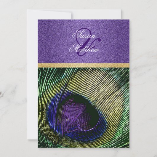 紫緑色の金ゴールドク結婚ジク 招待状 (正面)