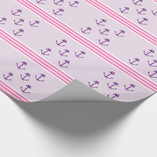 紫航海のいかりとピンクストライプ色 ラッピングペーパー (角)