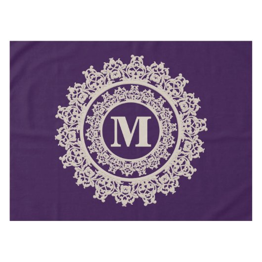 紫色およびクリーム色のエレガントなモノグラム テーブルクロス (正面(横))