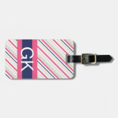 紫色およびピンクのストライプなモノグラムの荷物のラベル ラゲッジタグ (正面横)