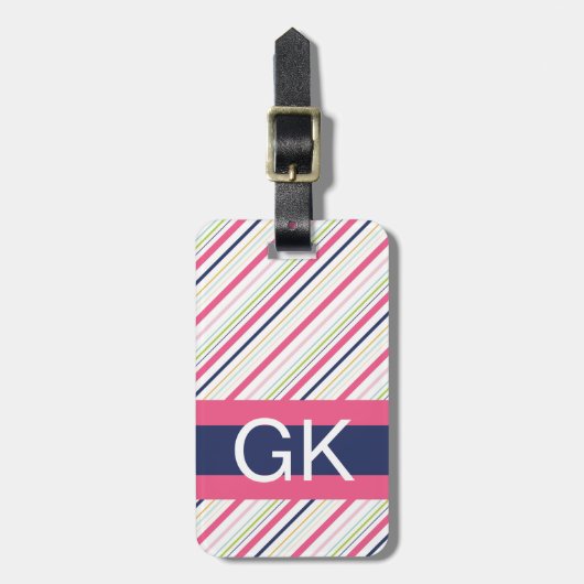 紫色およびピンクのストライプなモノグラムの荷物のラベル ラゲッジタグ (正面縦)