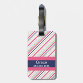 紫色およびピンクのストライプなモノグラムの荷物のラベル ラゲッジタグ (裏面縦)