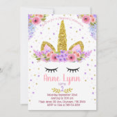 紫色およびピンクユニコーンの誕生日のパーティの招待状 招待状 (正面)