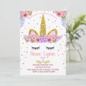 紫色およびピンクユニコーンの誕生日のパーティの招待状 招待状 (スタンド正面)