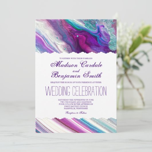 紫色および水の抽象芸術のペンキの渦巻の結婚 招待状 (スタンド正面)