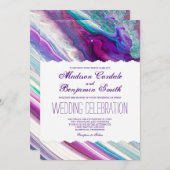 紫色および水の抽象芸術のペンキの渦巻の結婚 招待状 (正面/裏面)