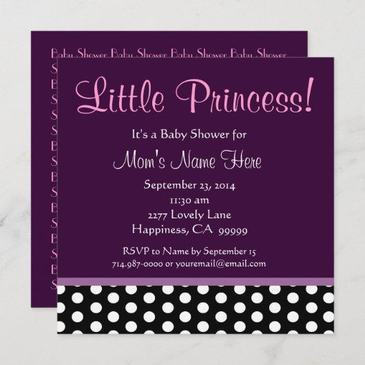 紫色および水玉模様の小さいプリンセスのベビーシャワー 招待状 (正面/裏面)
