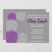 紫色および灰色のダリアのベビーシャワーの招待状 招待状 (正面/裏面)