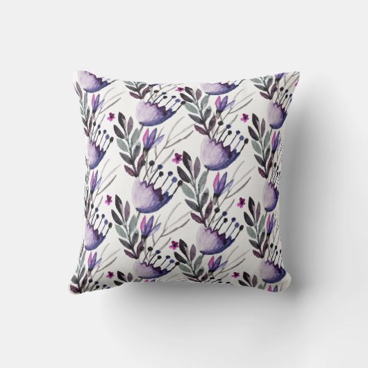 紫色および灰色の水彩画の花模様 クッション (裏面)