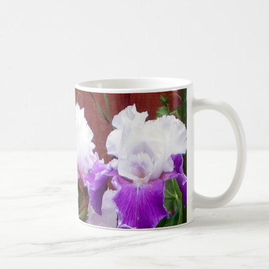 紫色および白いアイリス コーヒーマグカップ (右)