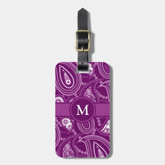 紫色および白いペイズリー ラゲッジタグ (正面縦)
