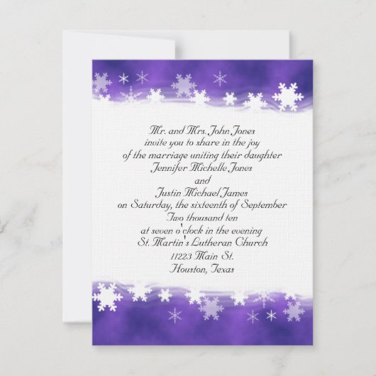紫色および白い雪片の結婚式招待状 招待状 (正面)