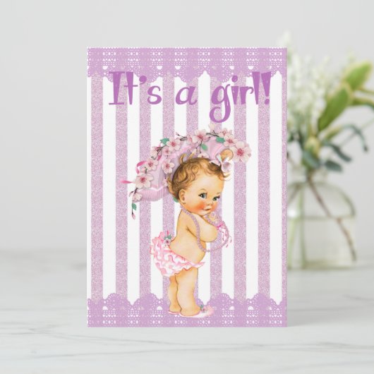 紫色および白く小さいプリンセスのベビーシャワーInvit 招待状 (スタンド正面)