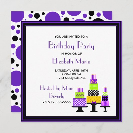 紫色および緑のケーキの誕生会 招待状 (正面/裏面)