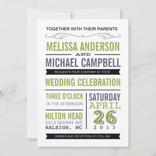 紫色および緑のタイポグラフィの結婚式招待状 招待状 (正面)