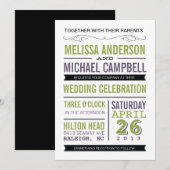 紫色および緑のタイポグラフィの結婚式招待状 招待状 (正面/裏面)