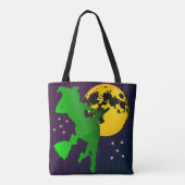 紫色および緑ほうきの柄の星明かりの魔法使い トートバッグ (裏面)