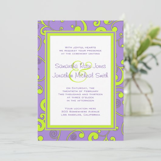 紫色および緑スクロール結婚式招待状 招待状 (スタンド正面)