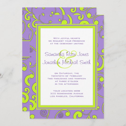 紫色および緑スクロール結婚式招待状 招待状 (正面/裏面)