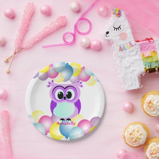 紫色および薄紫の母およびベビーのフクロウの漫画 ペーパープレート (パーティー)