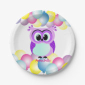 紫色および薄紫の母およびベビーのフクロウの漫画 ペーパープレート (正面)