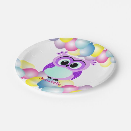 紫色および薄紫の母およびベビーのフクロウの漫画 ペーパープレート (アングル)