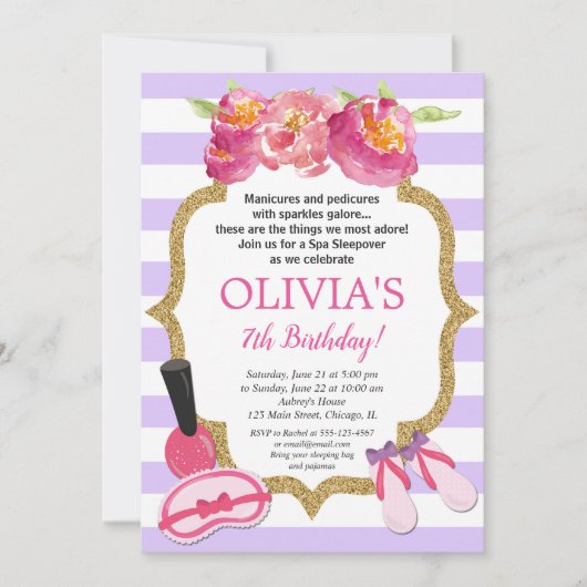 紫色および金ゴールドのスパのSleepoverの誕生会 招待状 (正面)
