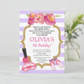 紫色および金ゴールドのスパのSleepoverの誕生会 招待状 (スタンド正面)