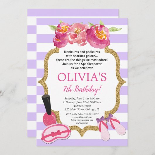 紫色および金ゴールドのスパのSleepoverの誕生会 招待状 (正面/裏面)