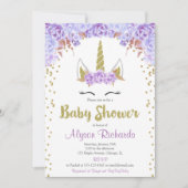 紫色および金ゴールドのユニコーンの女の子のベビーシャワー 招待状 (正面)