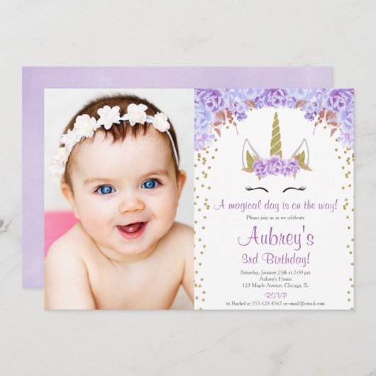 紫色および金ゴールドのユニコーンの女の子の誕生日の写真 招待状 (正面/裏面)