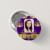紫色および金ゴールドの王冠の名前入りな写真 缶バッジ (正面&裏面)