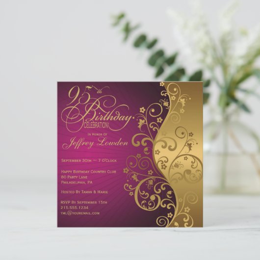 紫色および金ゴールドの第95誕生日のパーティの招待状 招待状 (スタンド正面)