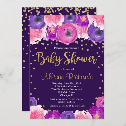 紫色および金ゴールドの花のベビーシャワーの招待 招待状 (正面/裏面)