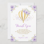 紫色および金ゴールドの花の熱気の気球のベビーシャワー サンキューカード (正面)