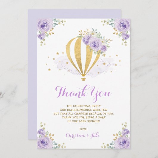 紫色および金ゴールドの花の熱気の気球のベビーシャワー サンキューカード (正面/裏面)